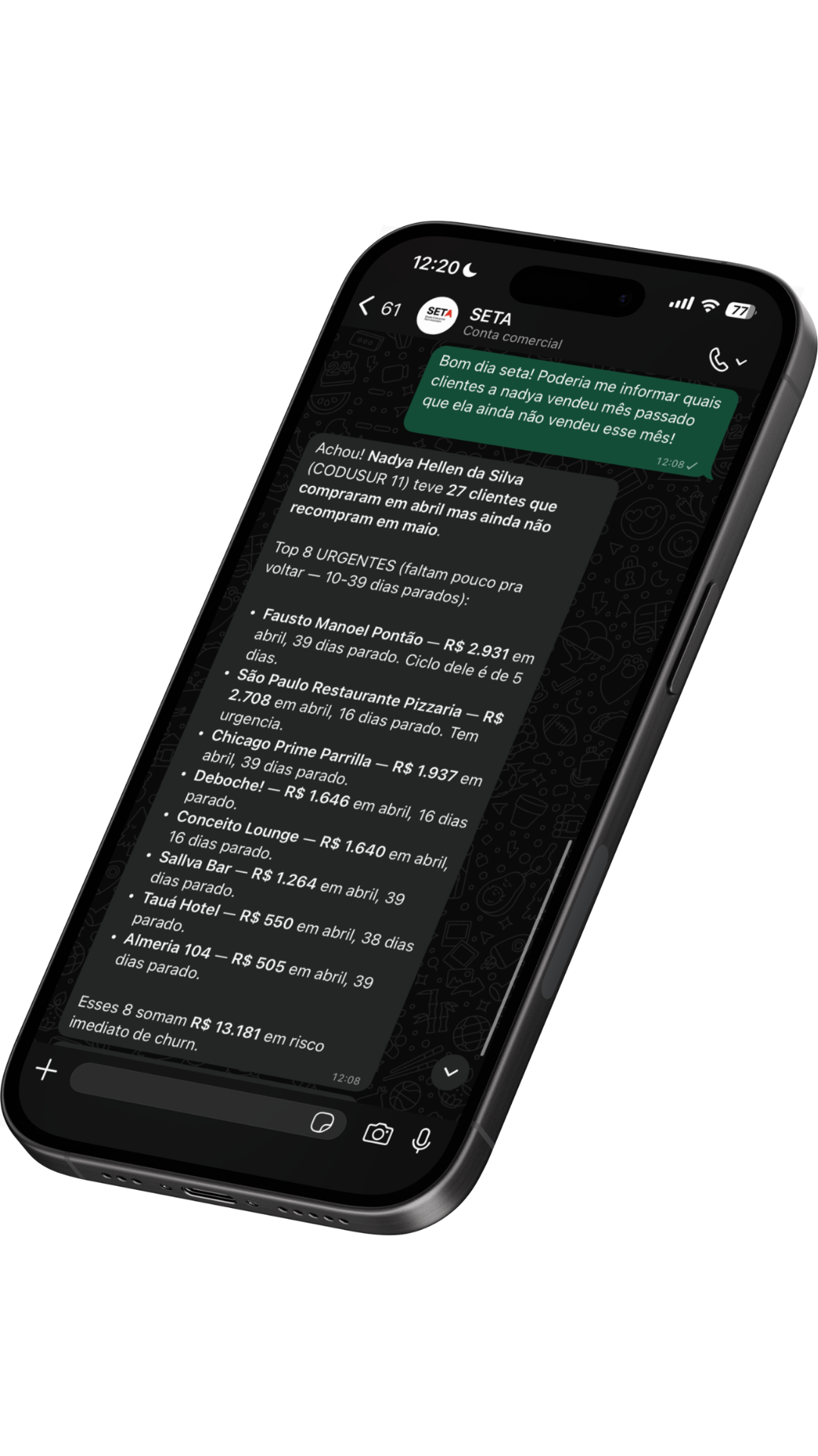 Copiloto SETA — consulta de clientes em risco de churn com valores detalhados