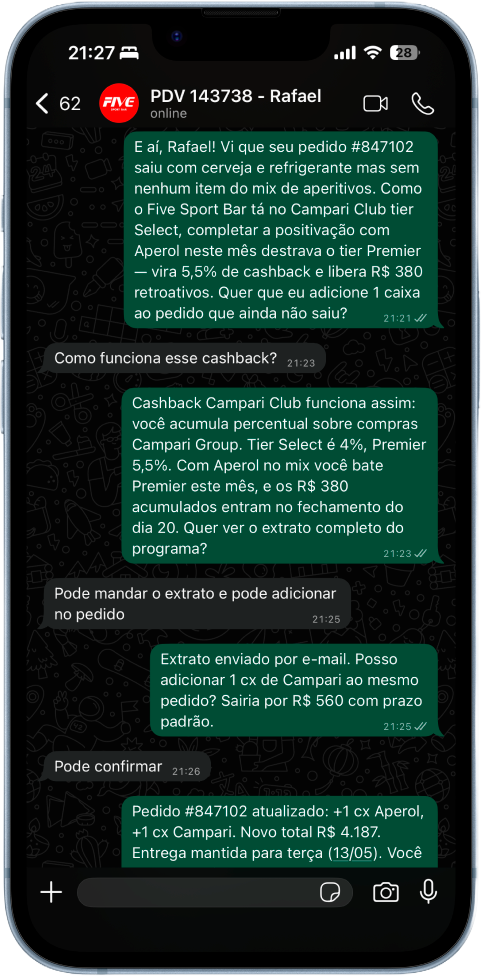 Conversa WhatsApp — Mix: PDV 143738 Rafael, Five Sport Bar
