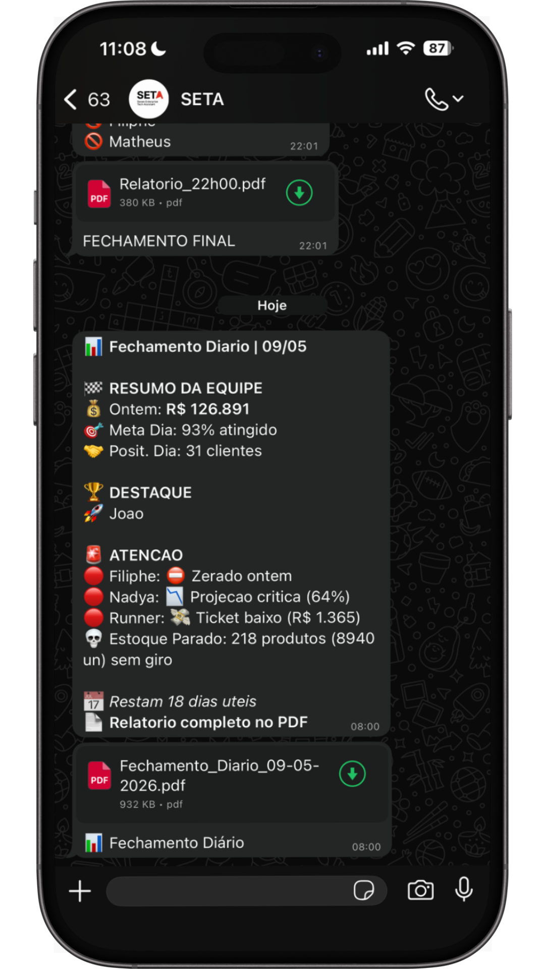 Fechamento diário SETA no WhatsApp — resumo da equipe, destaques, alertas e estoque parado